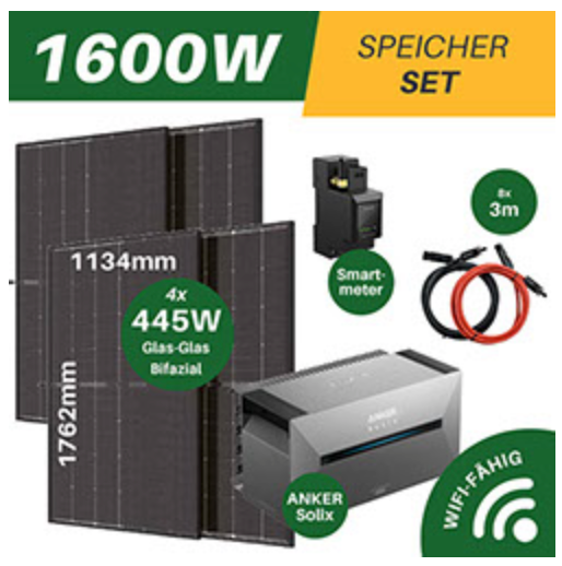 BALKONKRAFTWERKE 1600W inkl. SPEICHER inkl. Versand, 4x445W Bifazial, Solarmodule