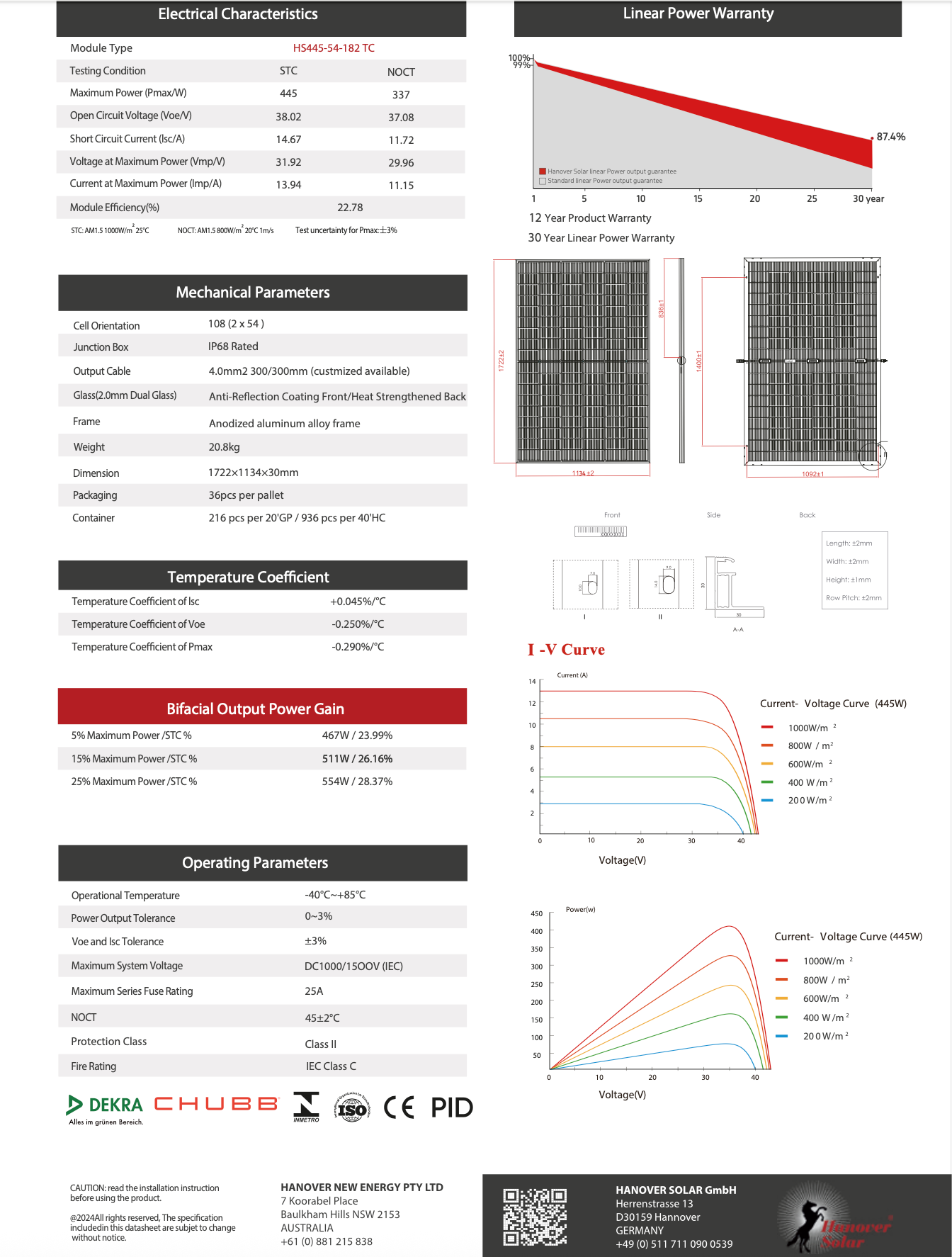 Solarmodul 445W bifacial Glas/Glas, Hannover Solar, silver frame