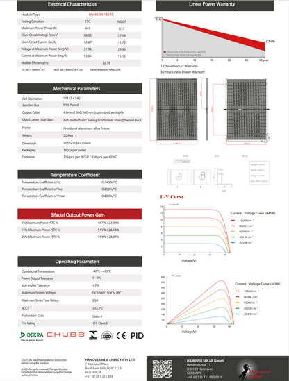 Solarmodul 445W bifacial Glas/Glas, Hannover Solar, silver frame