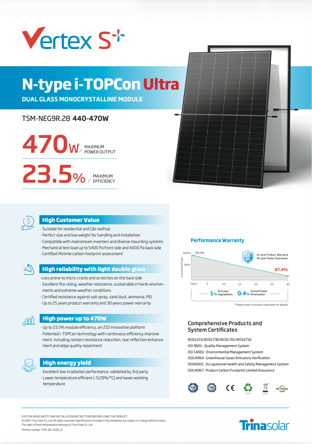 Solární panel Trina Solar sklo/sklo 465W černý rám