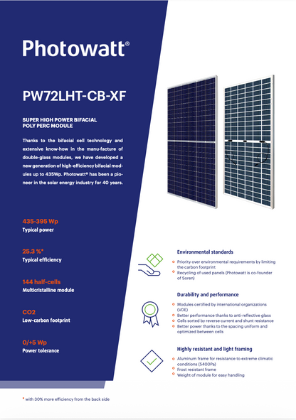 Photowatt SOLAR BIFACIAL GLAS/GLAS SOLARMODULE 405W silver Frame