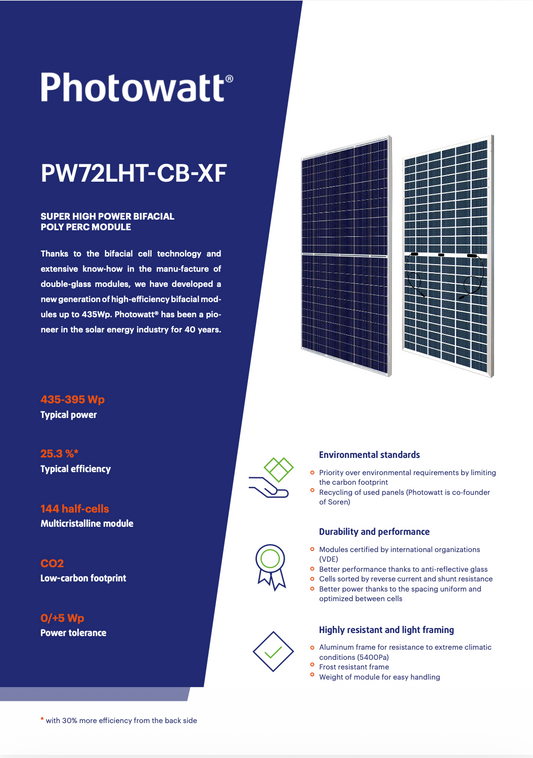 Photowatt SOLAR BIFACIAL GLAS/GLAS SOLARMODULE 405W silver Frame
